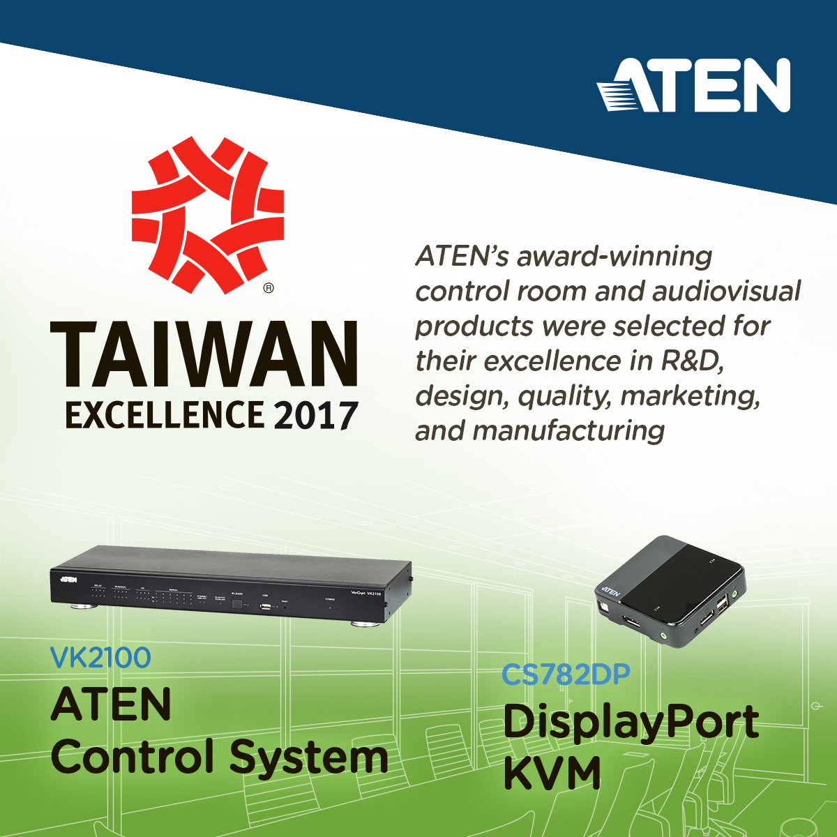 ATEN CS782DP DisplayPort KVM and VK2100 ATEN Control System Box win 2017 Taiwan Excellence Awards