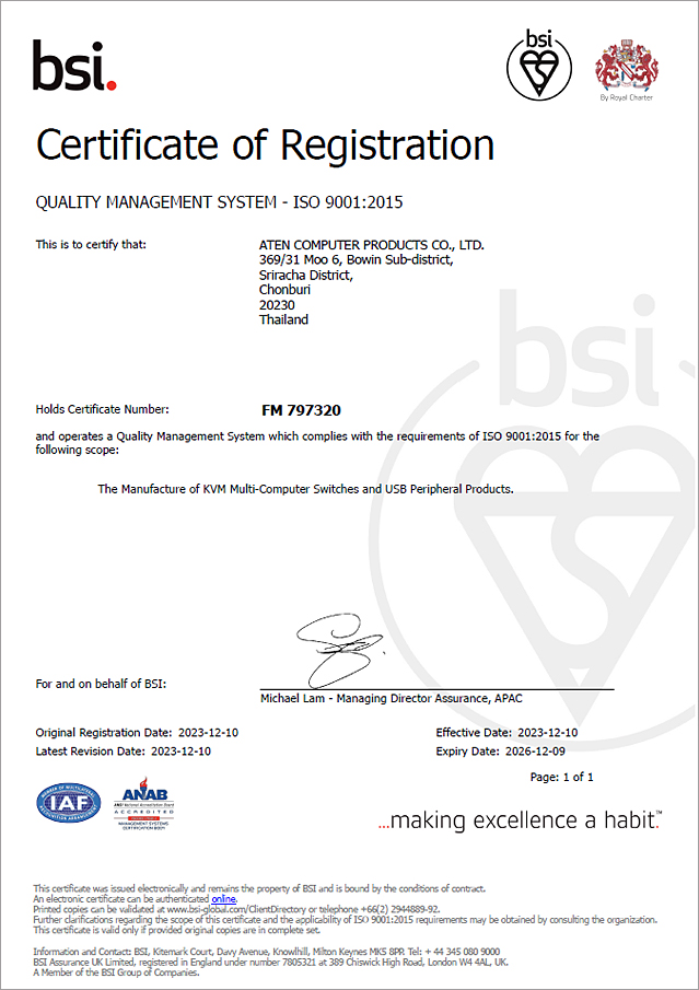 ISO 9001品質マネジメントシステム認証書-タイ工場